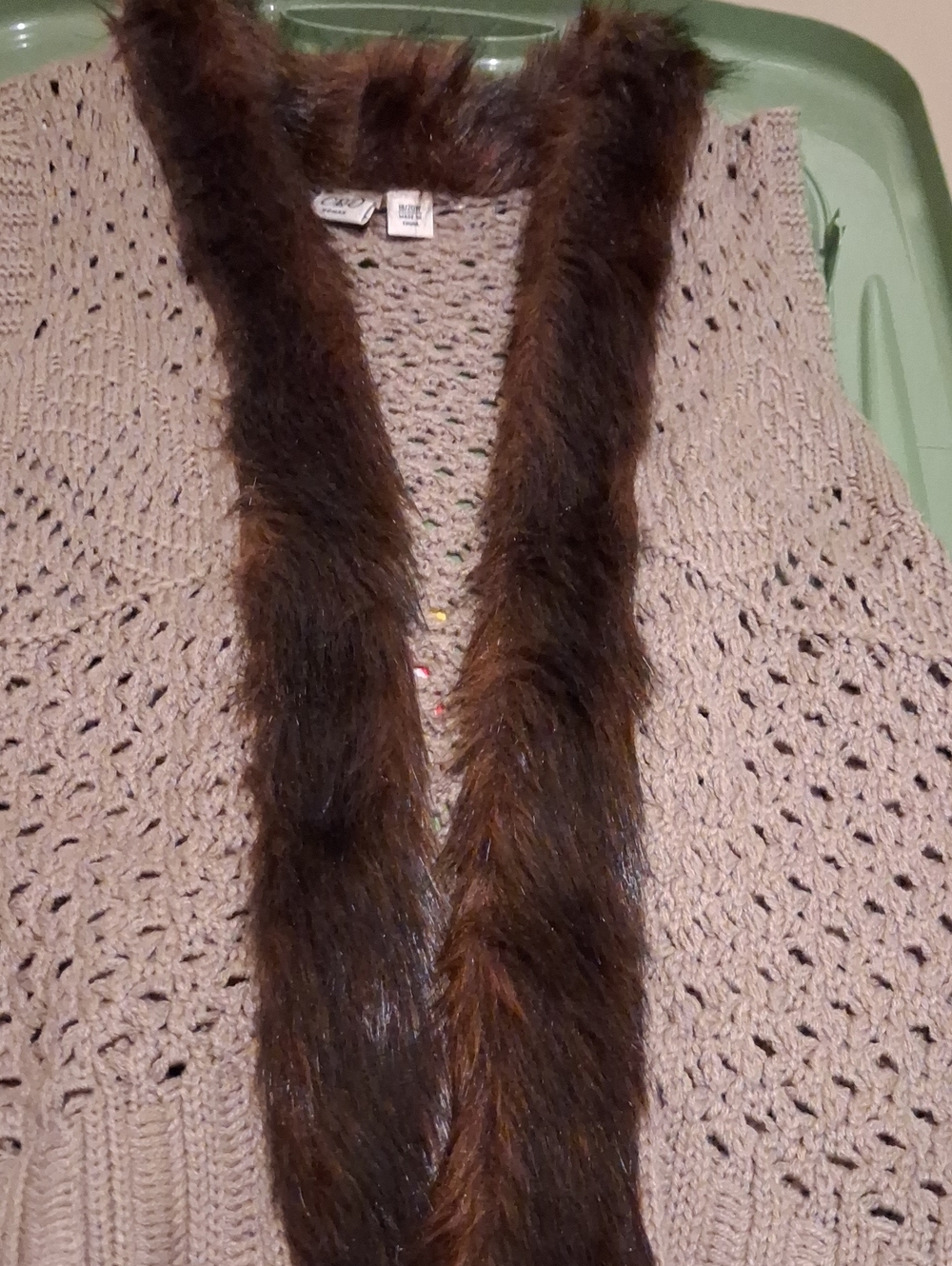 Women's Taupe Knit Vest with Brown Faux Fur Trim